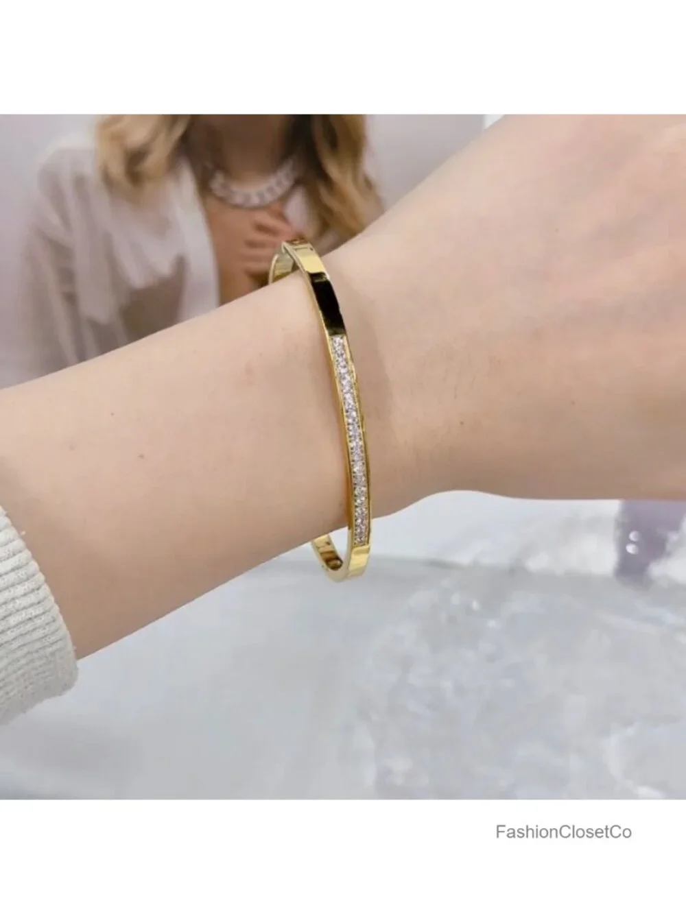 Minimalist Cubic Zirconia Cuff Bracelet Stainless Steel Bangle Jewelry